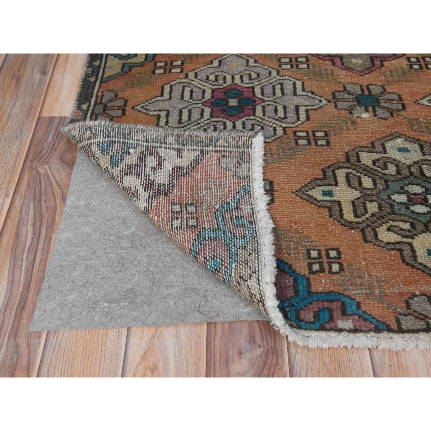 3'3"X10' Orange Worn Wool Hand Knotted Vintage Farsian Runner Rug