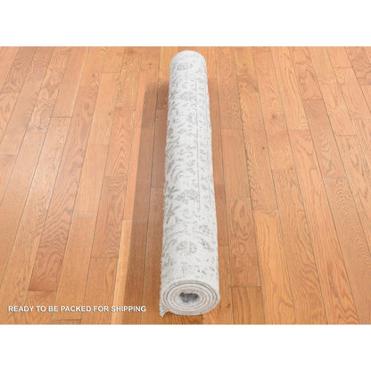 4'1"X6'2" Ivory Erased Tebraz Design Wool And Silk Hand Knotted Rug