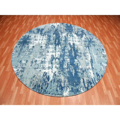 9'x9' Blue Hand Knotted Abstract Design Pure Silk and Wool Round Rug