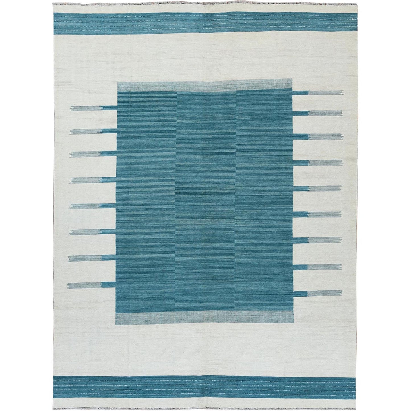 9'5"X11'9" Hand Woven Aquamarine Stripe Design Flat Weave Kilim Wool Rug