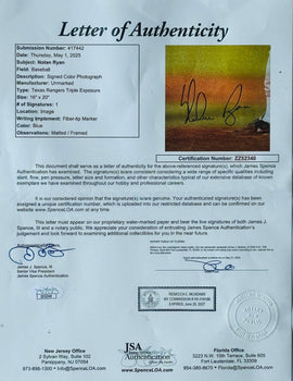 Nolan Ryan Autographed Rangers Framed 16X20 Photo (Jsa)