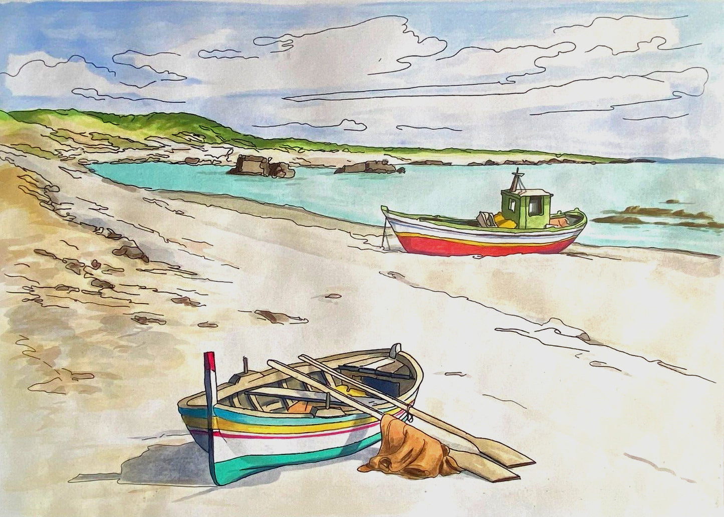 Aldo Riso ''Fishermen'S Boats'' - Hand-Painted Engraving Authenticated 60X80
