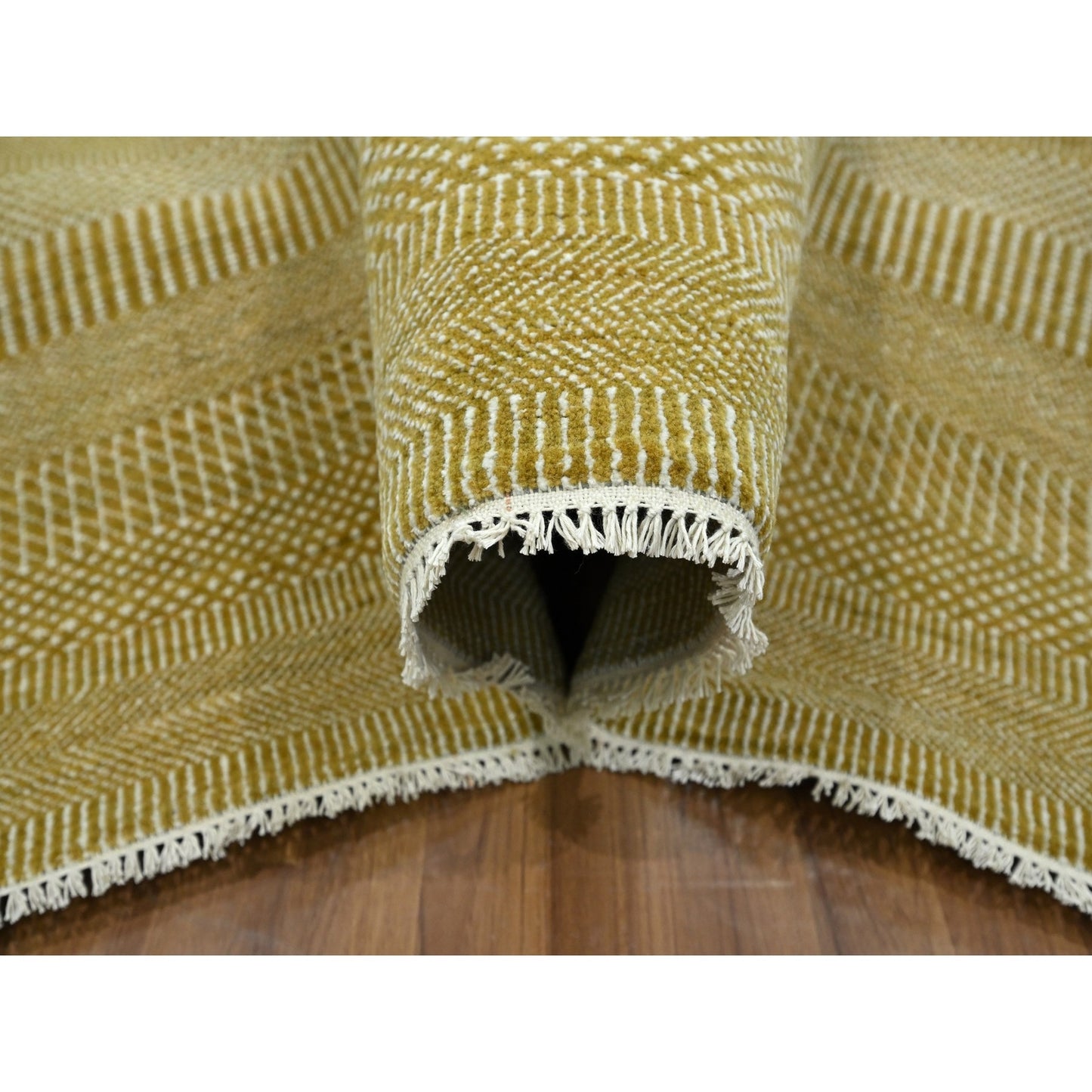 9'X12' Ecru Brown Modern Grass Design Wool And Silk Hand Knotted Rug