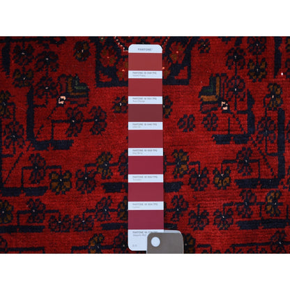 3'2"X4'8" Deep Red Velvety Wool Hand Knotted Afghan Khamyab Rug