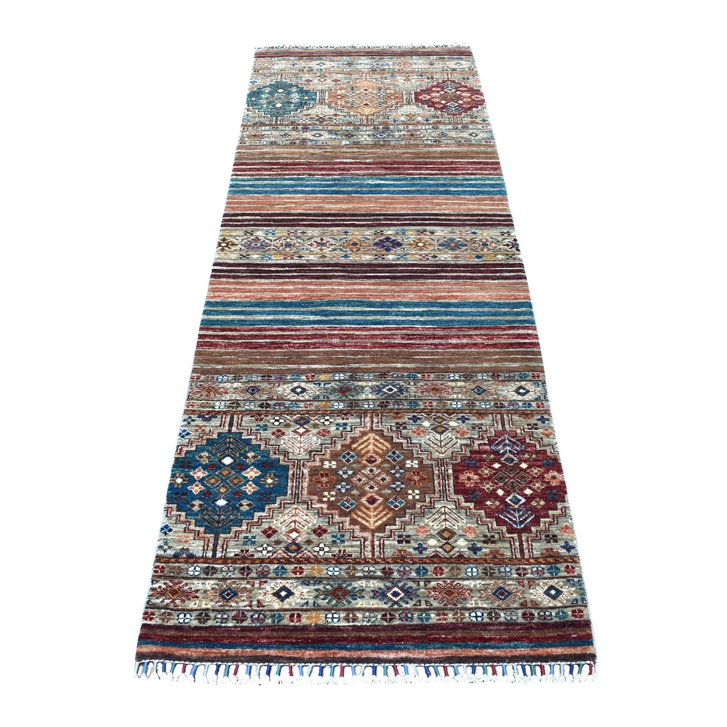 2'9"X8' Hand Knotted Gray Super Kazak Khorjin Design Wool Runner Rug