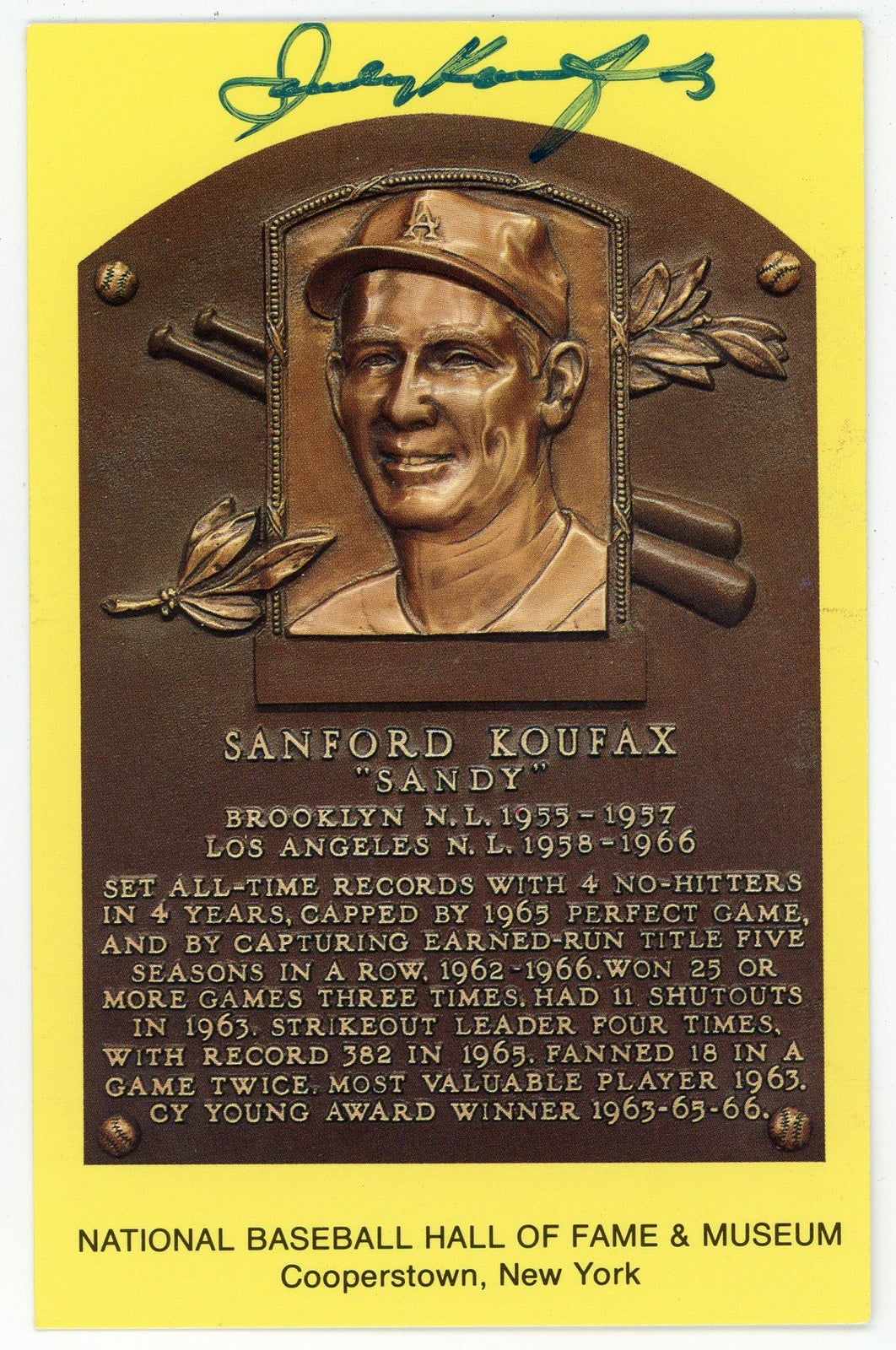 Sandy Koufax Autographed Hall Of Fame Plaque (Jsa)