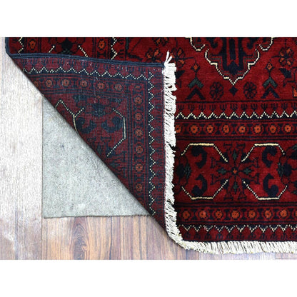 3'X9'10" Red Geometric Design Hand Knotted Afghan Khamyab Wool Runner Rug