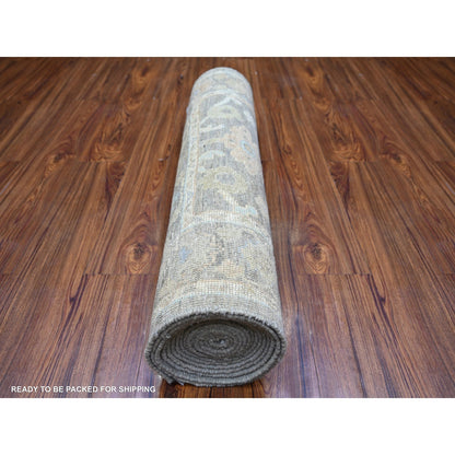 3'X15'9" Olive Gray Hand Knotted Afghan Angora Oushak Wool Xl Runner Rug