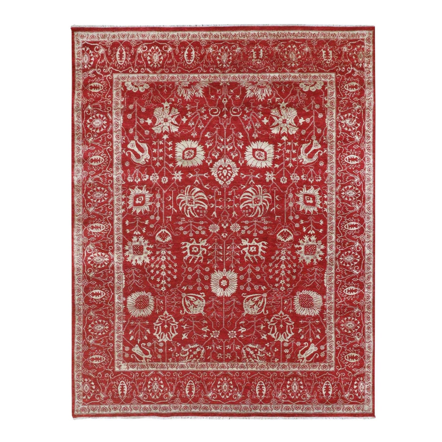 7'9"X10' Red Zoroastrian Influence Design Wool & Silk Hand Knotted Rug