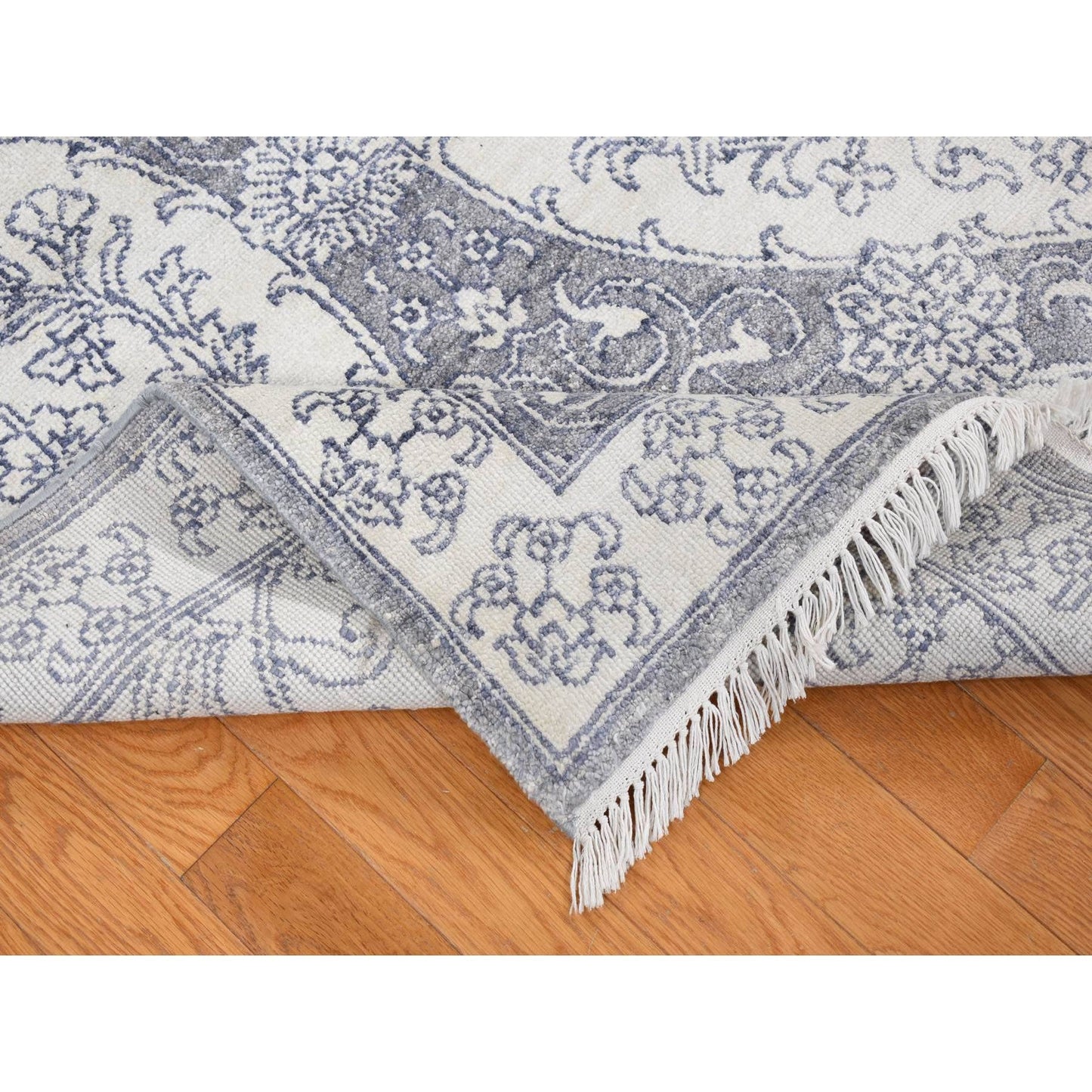 9'X12' Ivory Hand Knotted Pure Cotton Mughal Empire Flower Design Rug