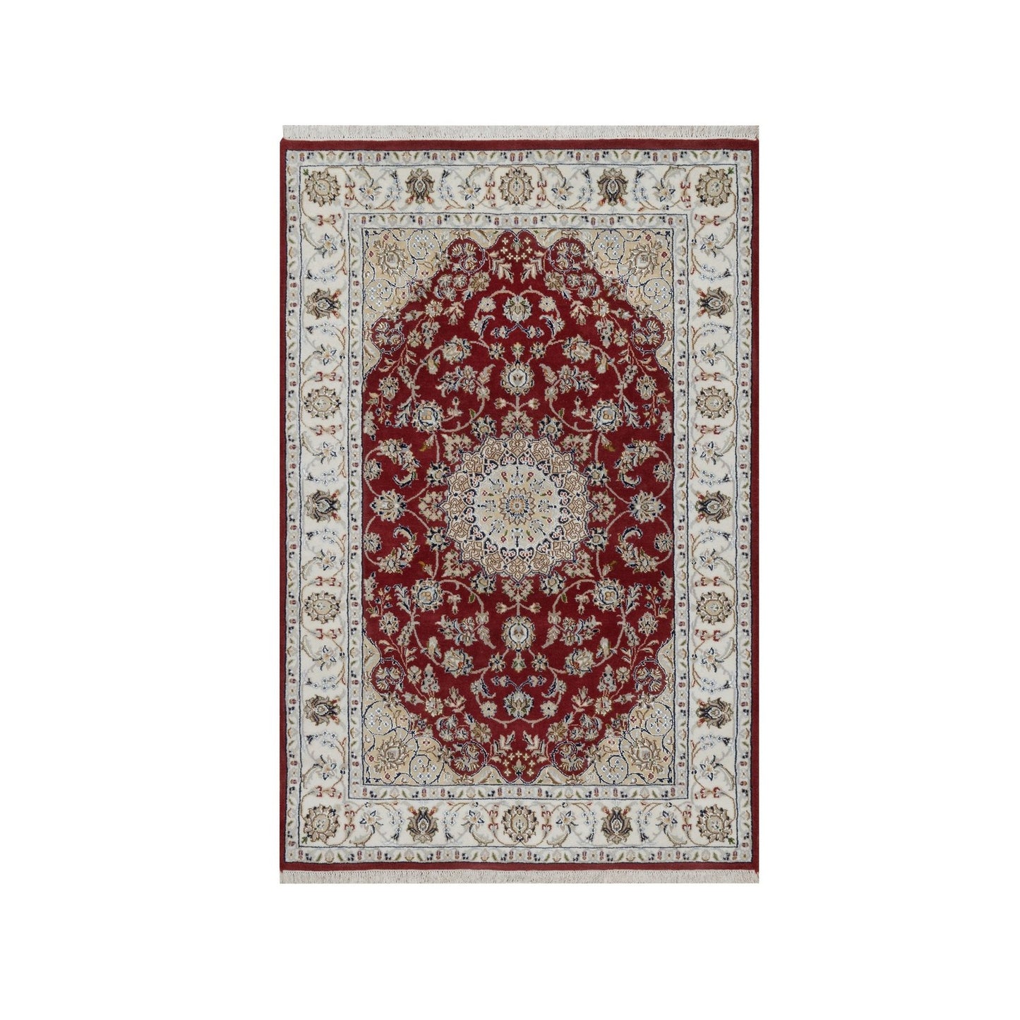 4'X6'1" Red Nain Medallion Design Hand Knotted Wool And Silk 250 Kpsi Rug