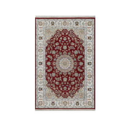 4'X6'1" Red Nain Medallion Design Hand Knotted Wool And Silk 250 Kpsi Rug
