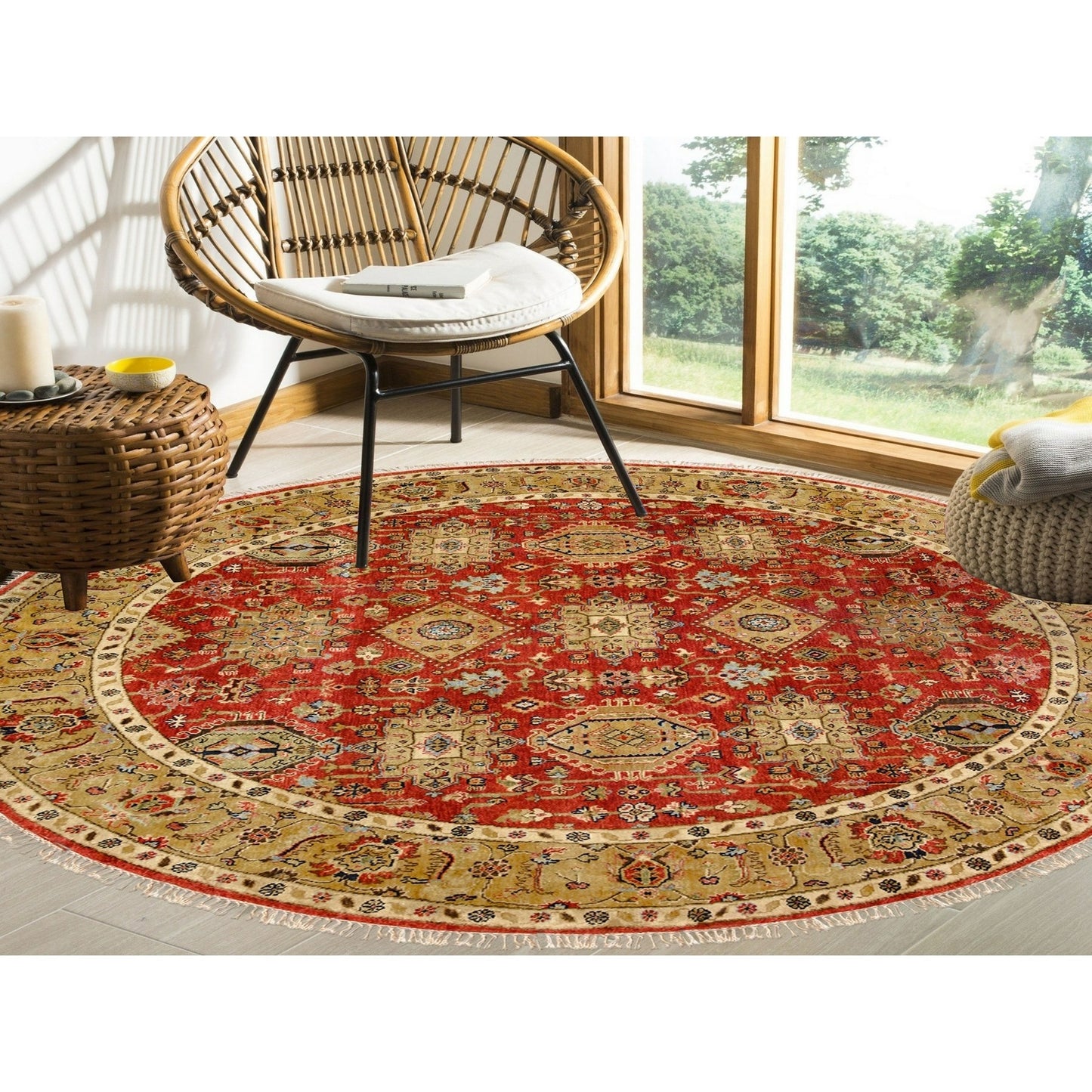 7'9"X7'9" Red Karjihooz Design Hand Knotted Pure Wool Oriental Round Rug