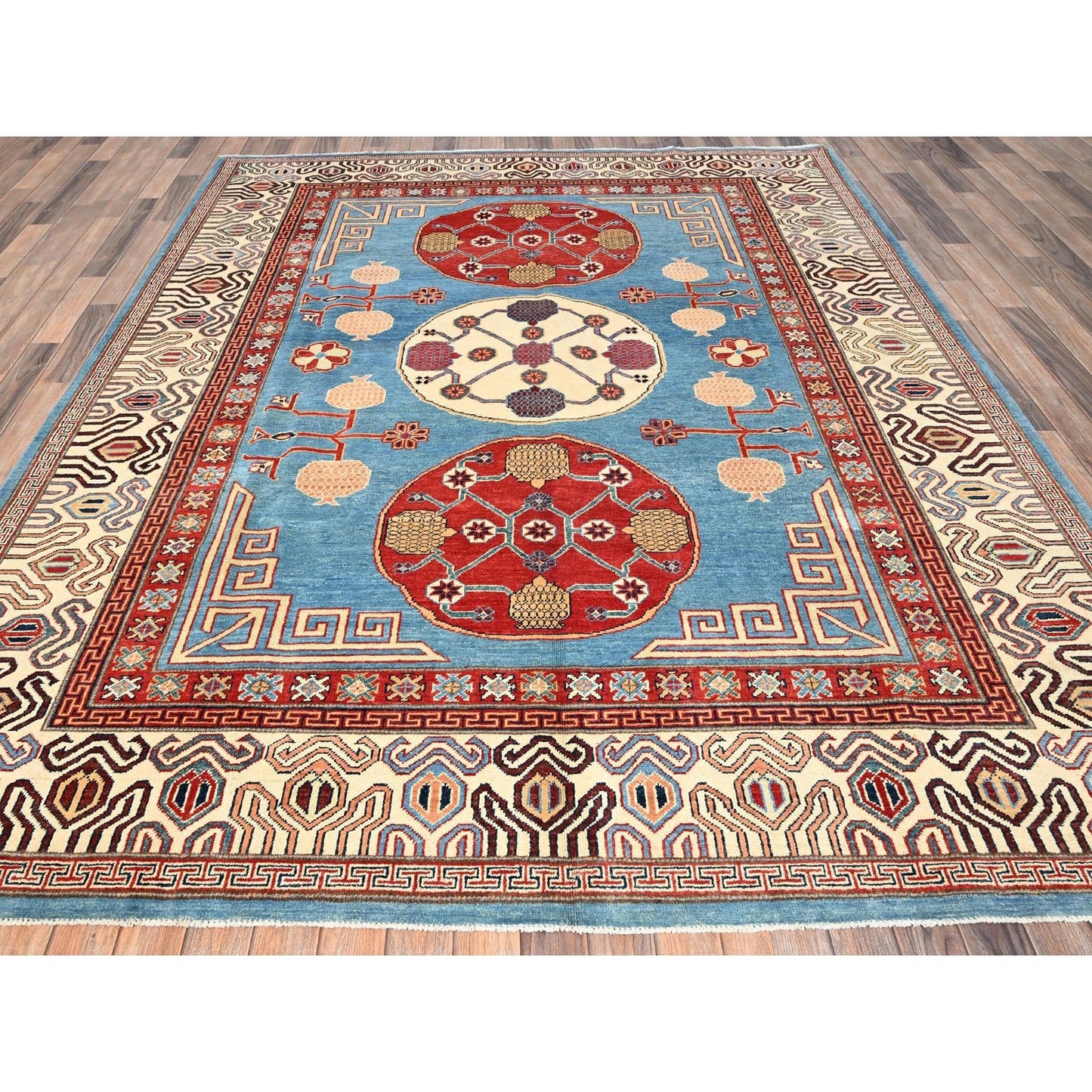 8'X9'9" Fjord Blue Afghan Special Kazak Pure Wool Hand Knotted Oriental Rug