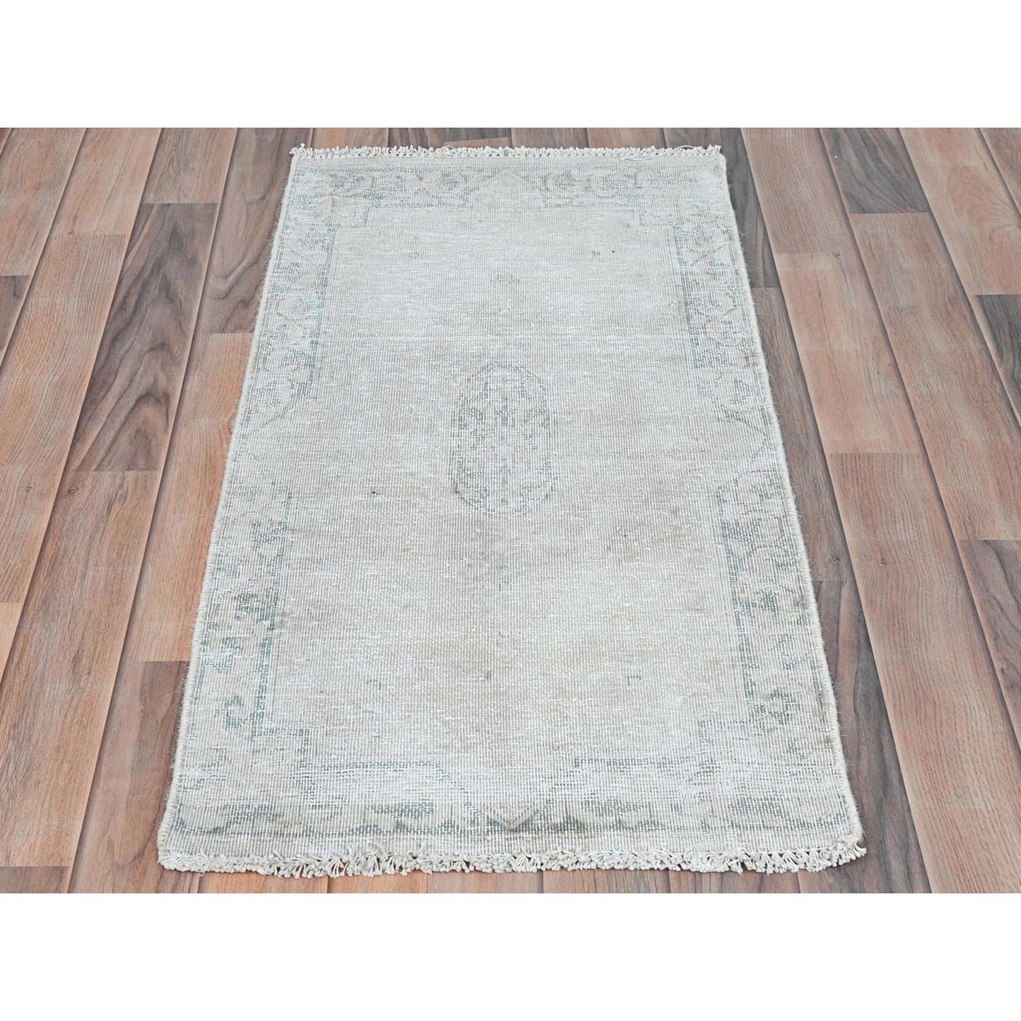 1'9"X3'6" Ivory Worn Wool Hand Knotted Old Farsian Karman Rug