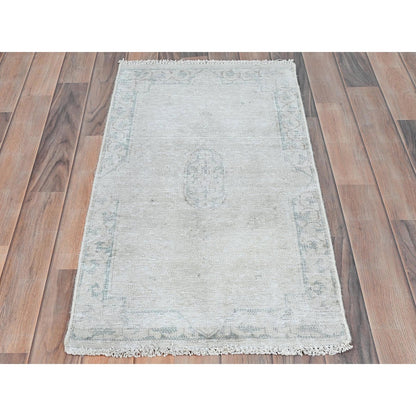1'9"X3'6" Ivory Worn Wool Hand Knotted Old Farsian Karman Rug