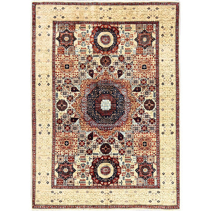 4'10"X7' White Hand Knotted 100% Wool Mamluk Design Oriental Rug