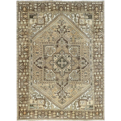 6'7"X9'3" Khaki Brown Vintage Zoroastrian Heris Hand Knotted Pure Wool Rug