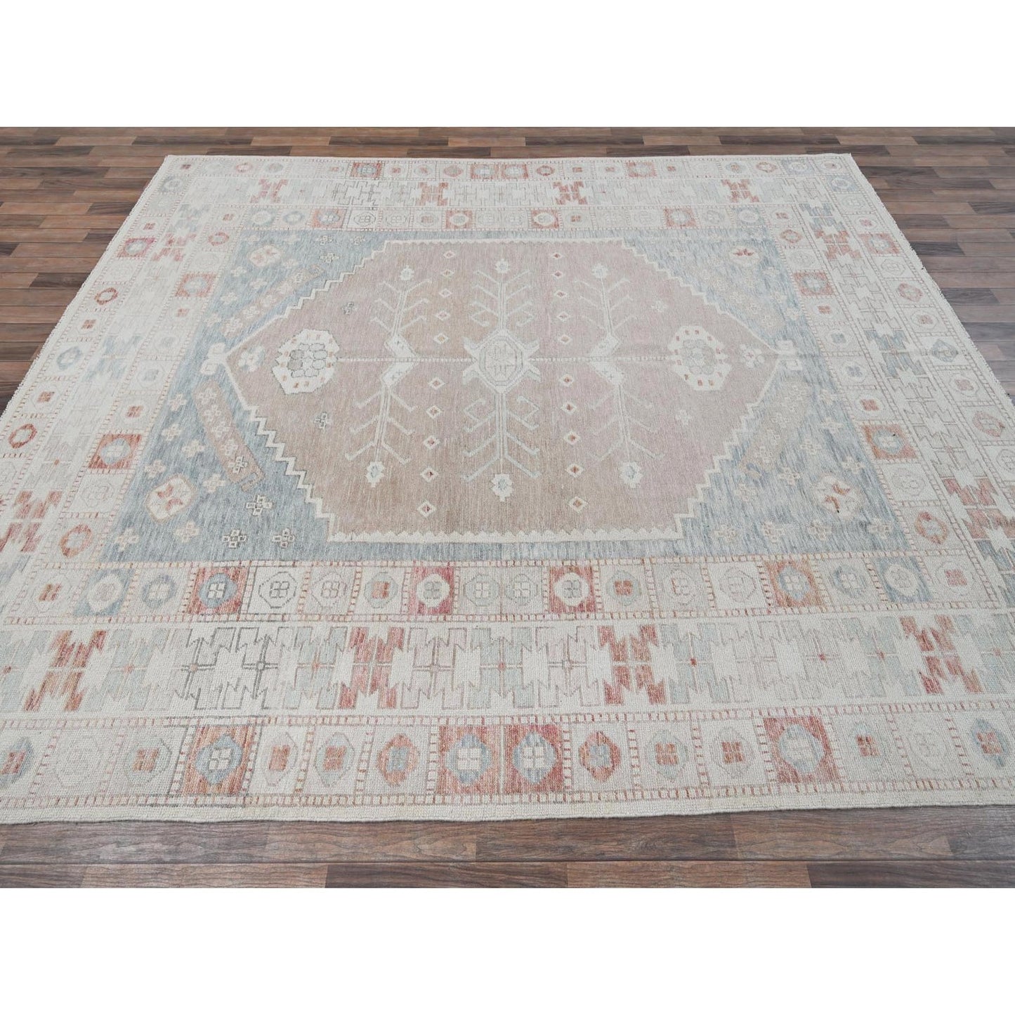 8'10"x10'10" Coral Pink Hand Knotted Anatolian Village Design Pure Wool Rug