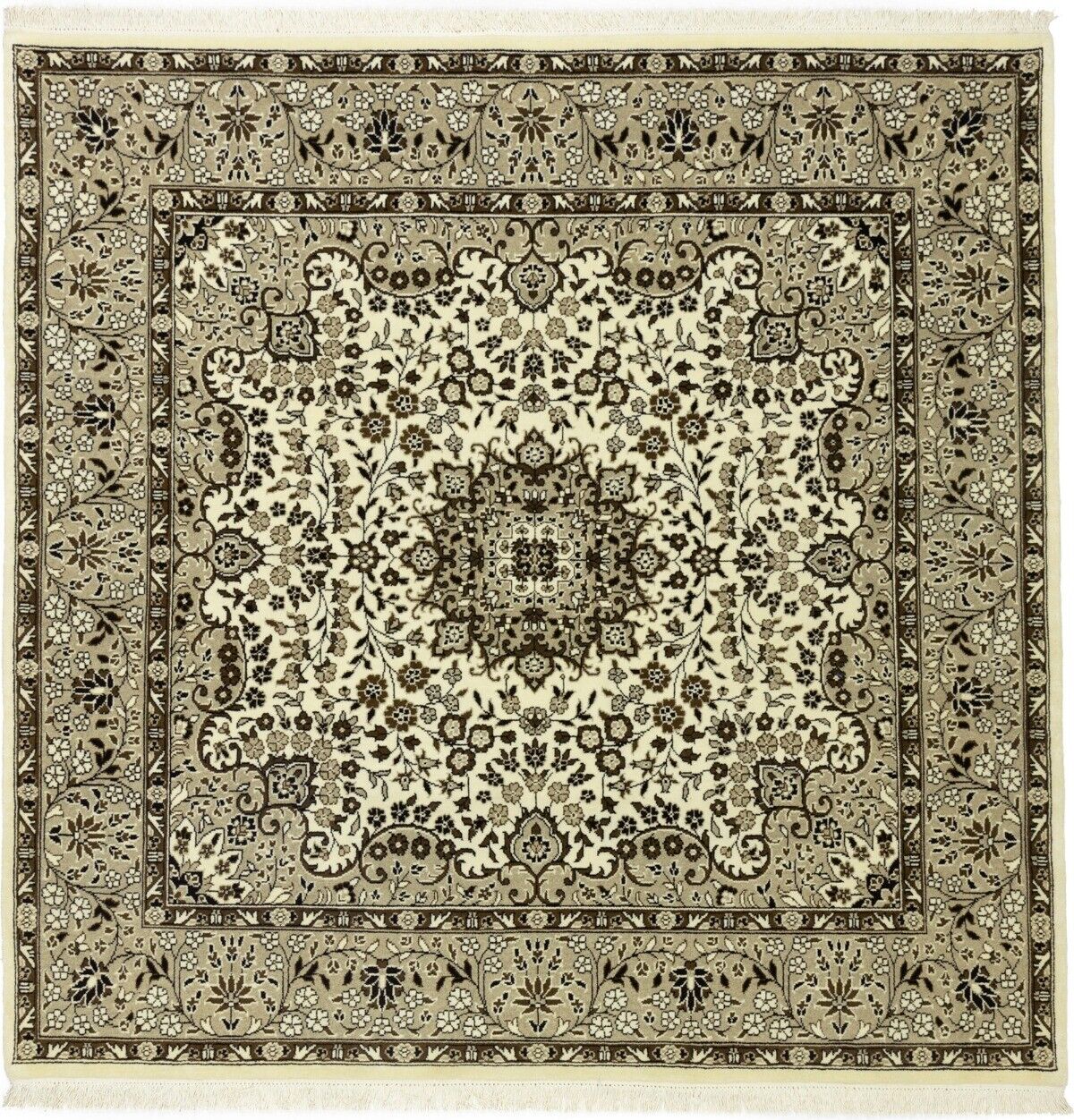 Hand-Knotted Kirman Square Rug Cream Floral Wool