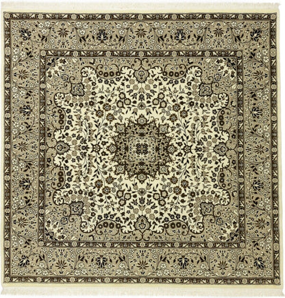 Hand-Knotted Kirman Square Rug Cream Floral Wool
