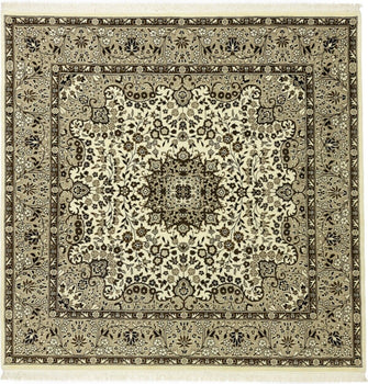 Hand-Knotted Kirman Square Rug Cream Floral Wool