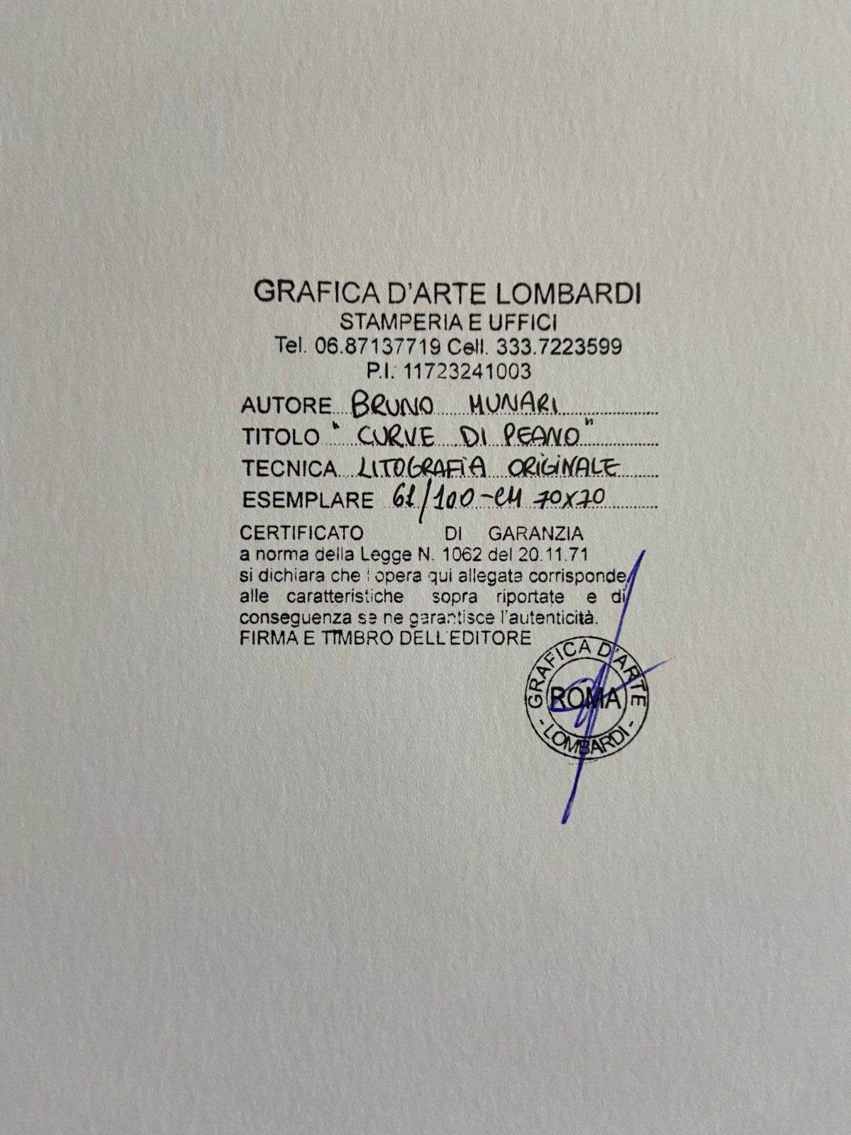 Bruno Munari Lithograph Signed Numbered Certified Stamp