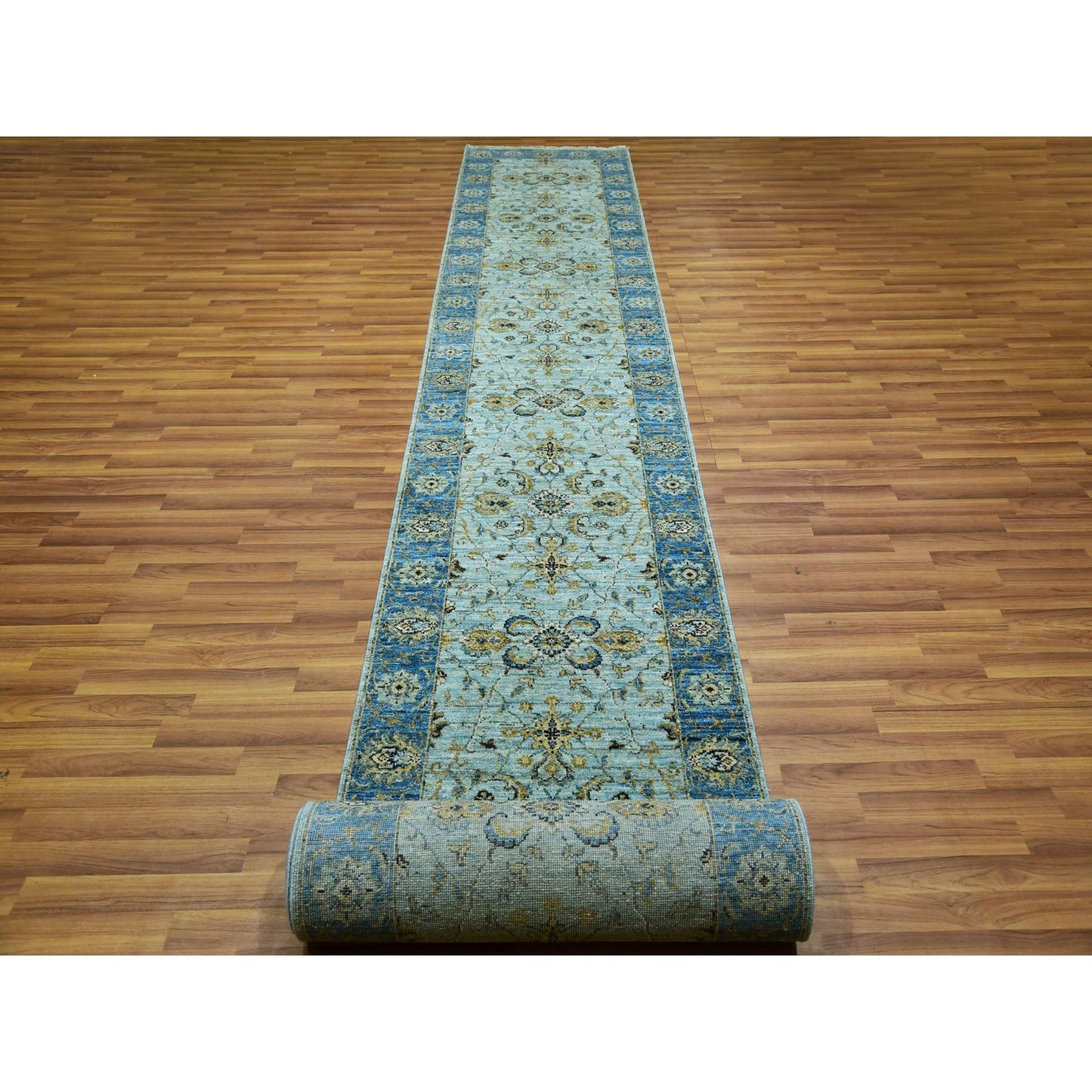 2'8"x29'10" Blue Wool Shah Abbas Floral Design Hand Knotted XL Runner Rug