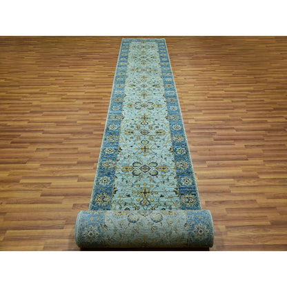 2'8"x29'10" Blue Wool Shah Abbas Floral Design Hand Knotted XL Runner Rug