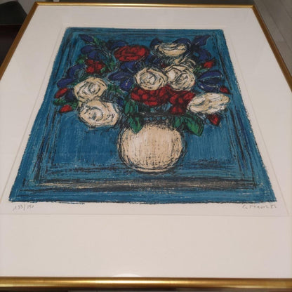 Framed Andre Cottavoz Roses On a Blue Background Lithograph Signed ED 133/ 150