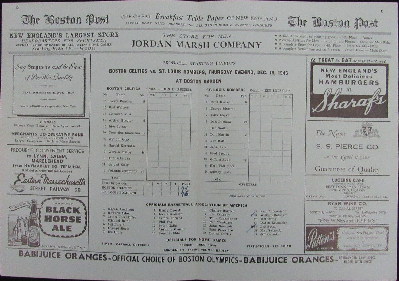 Vintage 1946 Boston Celtics Vs. St. Louis Bombers