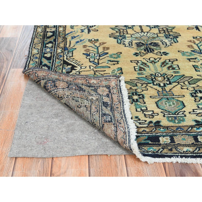 3'5"X10'1" Brown Vintage Farsian Worn Wool Hand Knotted Wide Runner Rug