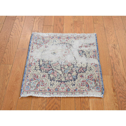 Blue Karman Hand Worn Wool Square Old Rug 1'8"x1'8".
