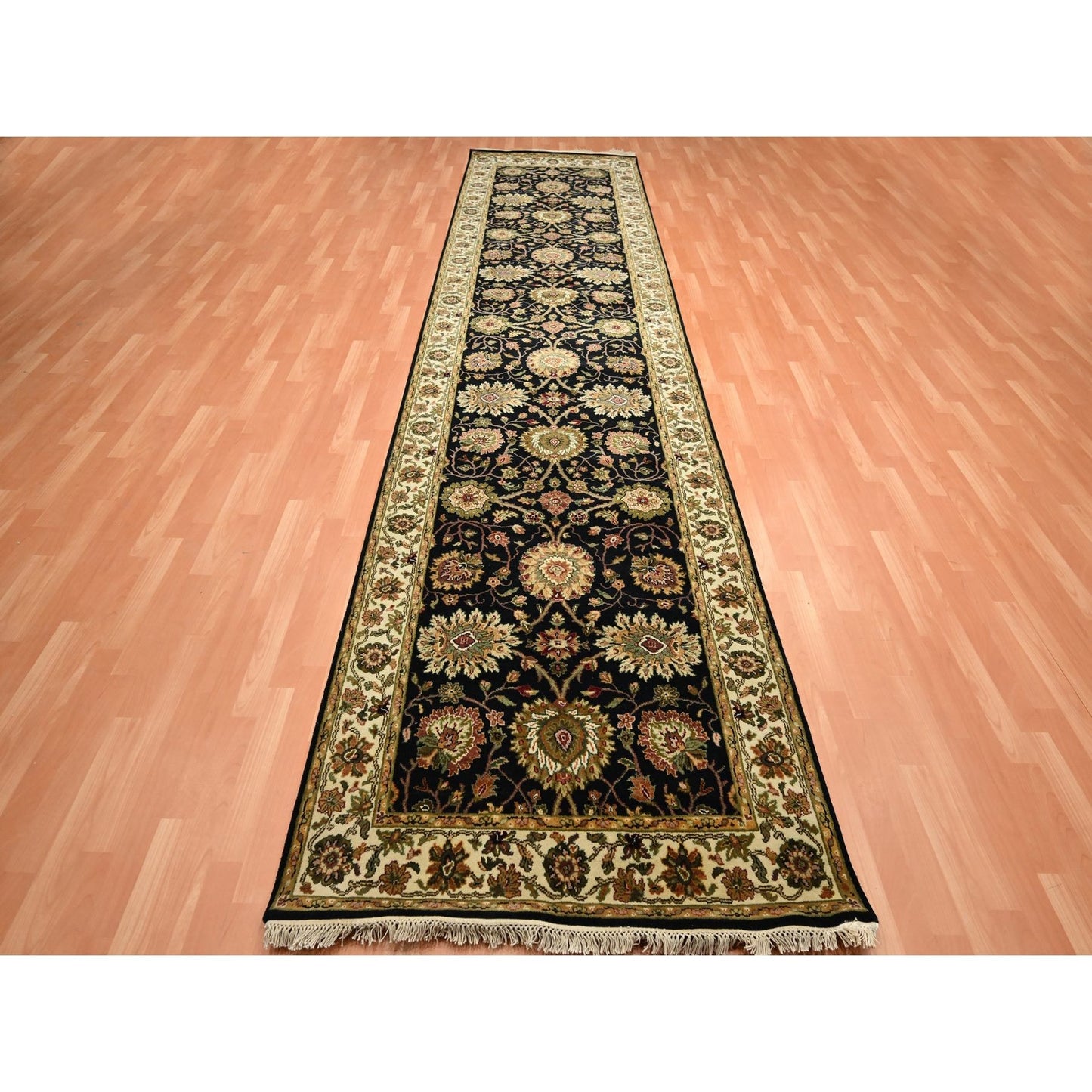 4'X15'9" Black Rajasthan Leaf Design Hand Knotted Wool & Silk Runner Rug