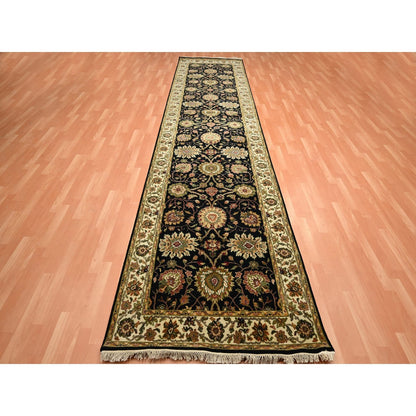 4'X15'9" Black Rajasthan Leaf Design Hand Knotted Wool & Silk Runner Rug