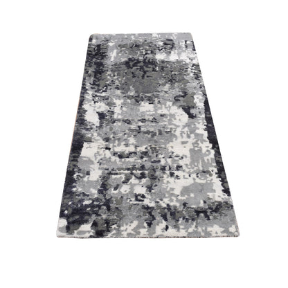 2'7"X5'9" Black Galaxy Design Wool And Silk Hand Knotted Runner Rug