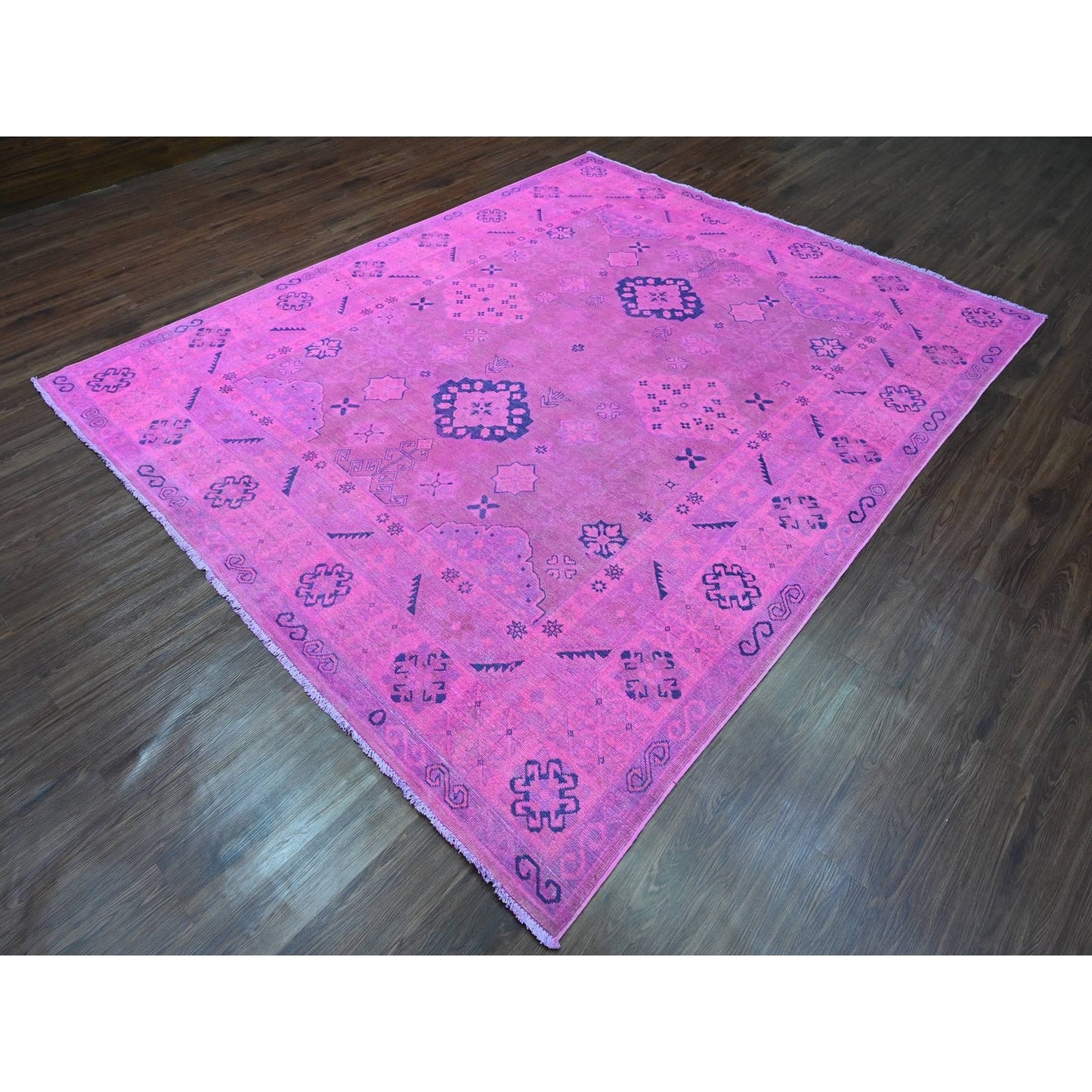 8'X9'7" Hot Pink Overdyed Kazak Geometric Design Hand Knotted Wool Rug