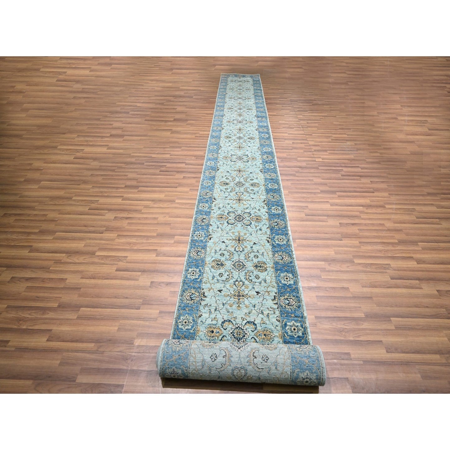 2'8"X24'1" Blue Agra Flower Design Pure Wool Hand Knotted Xl Runner Rug