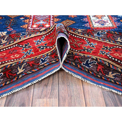 6'1"X8'5" Blue Afghan Caucasian Design Revival Hand Knotted Soft Wool Rug
