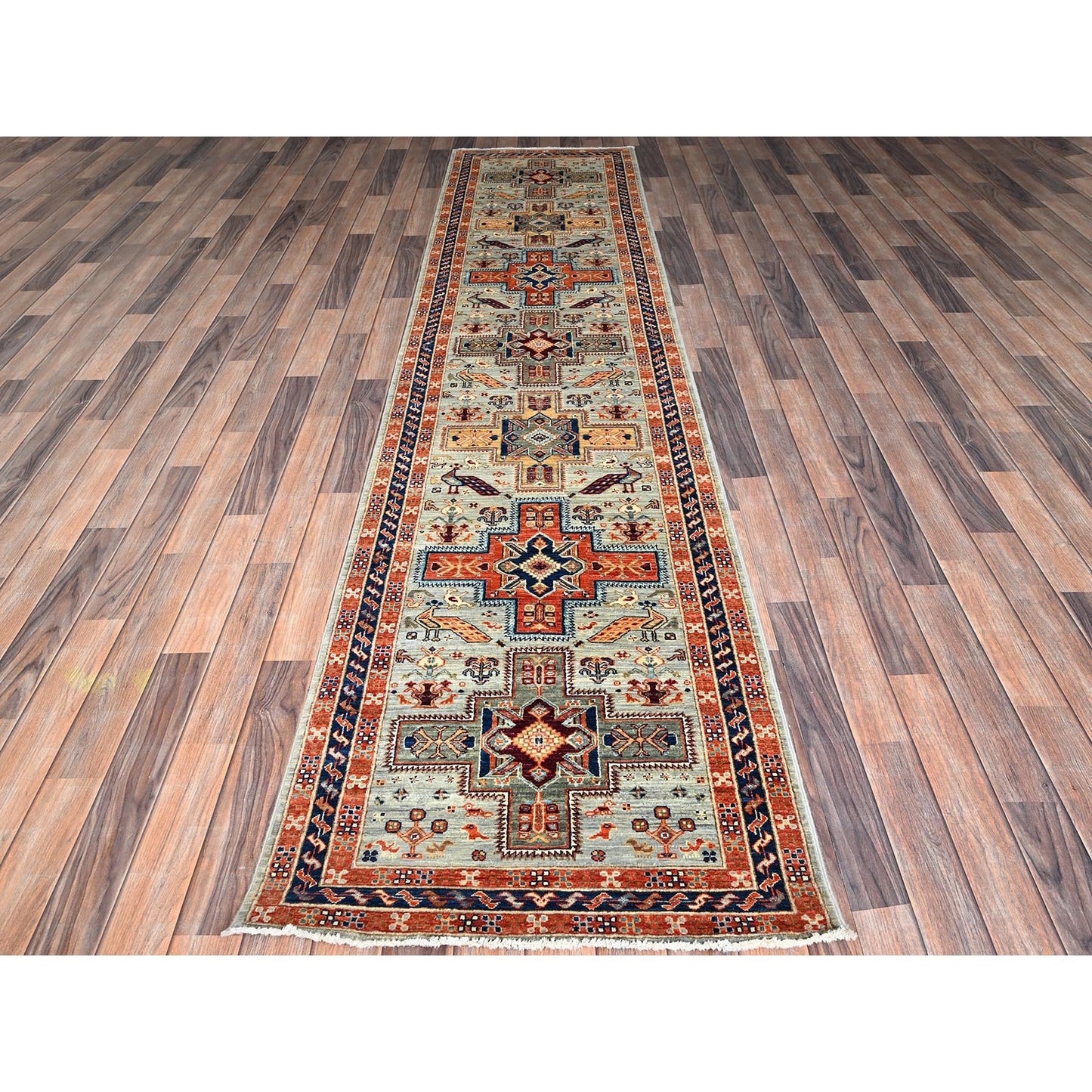 2'8"X11'3" Gray Caucasian Design Super Fine Wool Hand Knotted Runner Rug