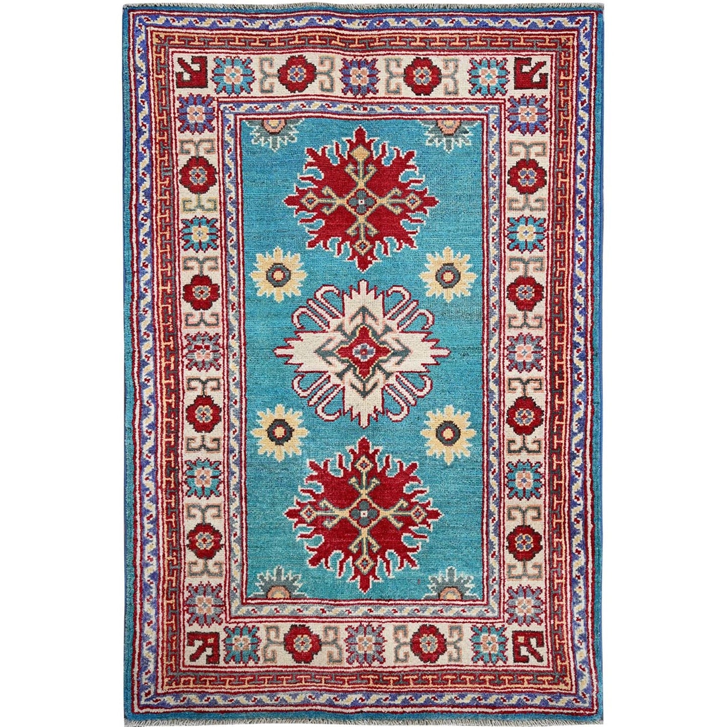 2'7"X4'1" Blue Kazak Tribal Medallions Design All Wool Hand Knotted Mat Rug