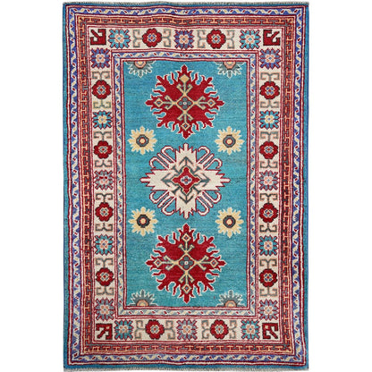 2'7"X4'1" Blue Kazak Tribal Medallions Design All Wool Hand Knotted Mat Rug