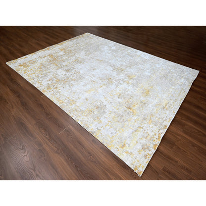 9'X12' Beige With Gold Abstract Design Wool And Silk Hand Knotted Rug