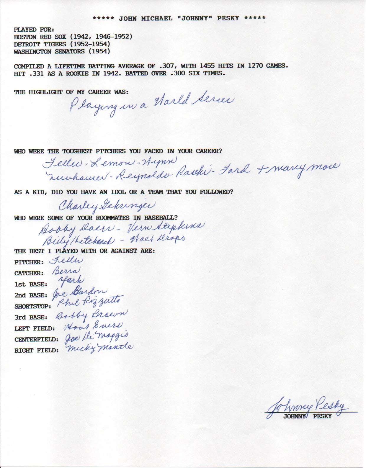 Johnny Pesky Autographed Hand Filled Out Survey Page (Jsa)