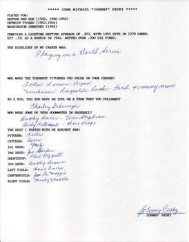 Johnny Pesky Autographed Hand Filled Out Survey Page (Jsa)