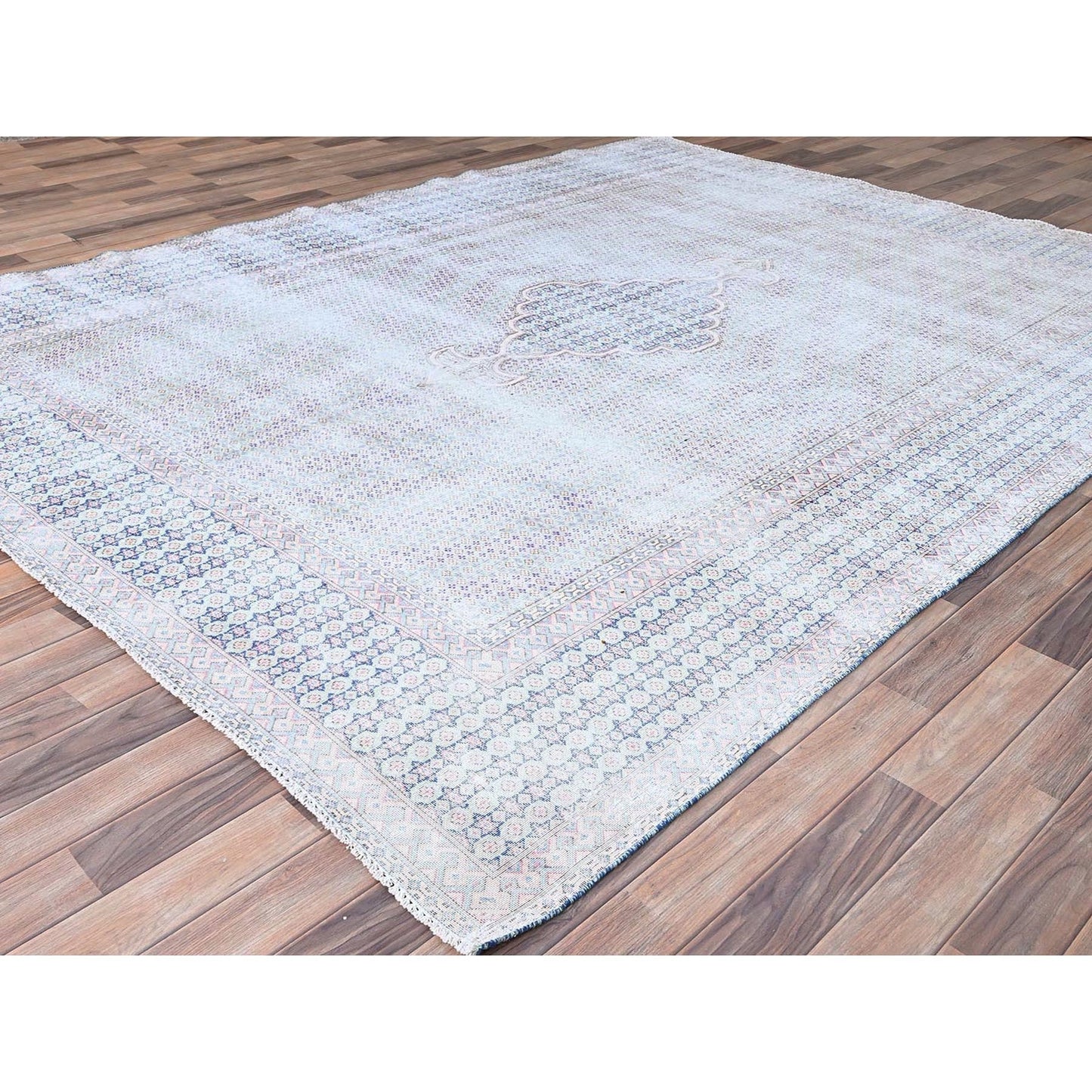 7'9"X10'1" Blue Vintage Zoroastrian Karman Pure Wool Hand Knotted Rug