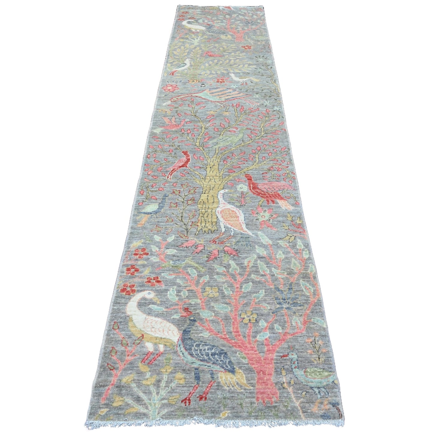 2'7"X11'8" Gray Afghan Peshawar Birds Design Wool Hand Knotted Runner Rug
