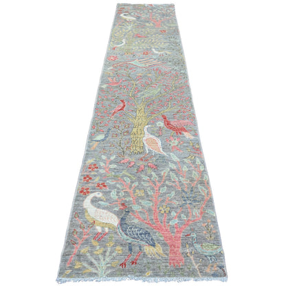2'7"X11'8" Gray Afghan Peshawar Birds Design Wool Hand Knotted Runner Rug