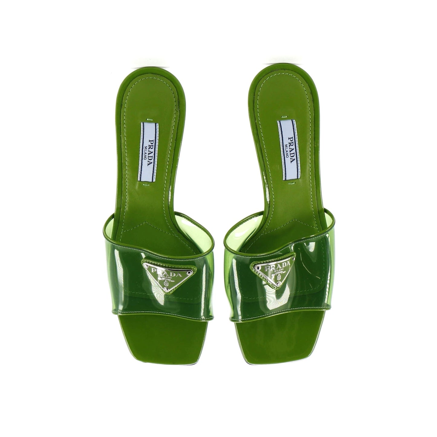 Prada Women'S Triangle Logo Kitten Heeled Sandals Pvc With Patent