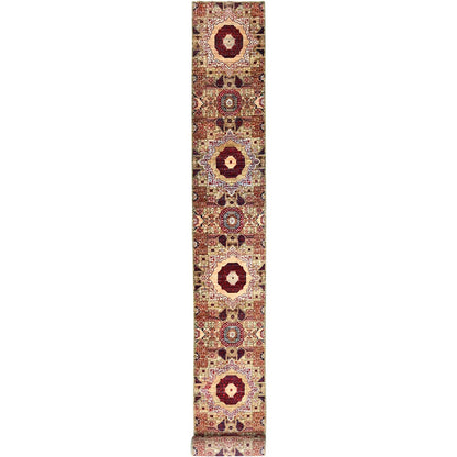 2'4"X24'7" Green Hand Knotted Mamluk Design Pure Wool Xl Runner Rug